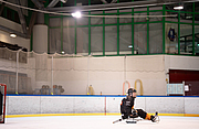 Jacob Wolff beim Para-Eishockey Jacob Wolff übt auf der Eisfläche seinen Sport, Paraeishockey, aus.